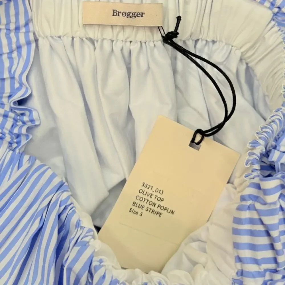 BROGGER Cotton Poplin Blue Striped Babydoll Top size Small NWT